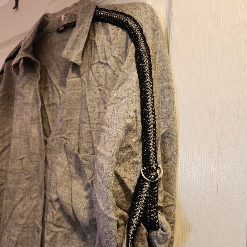 Zara Gray Blouse Black and Silver Metallic Fabric Strip Sleeve Accent Large L - Picture 2 of 5